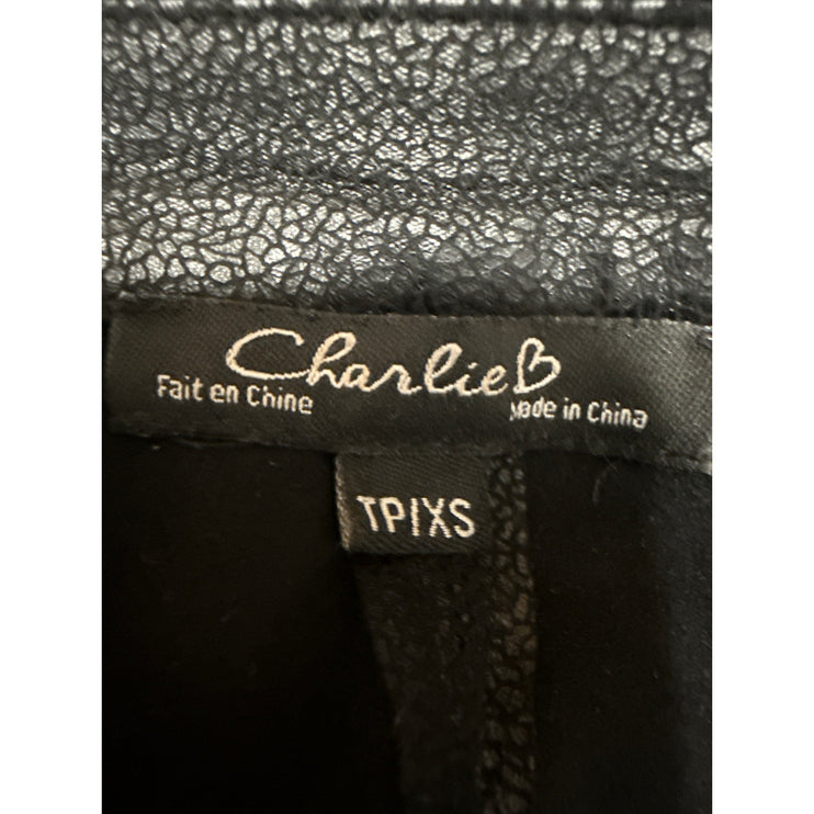 Charlie B Black Faux Vegan Leather Long Sleeve Collared Moto Coat Jacket Size XS