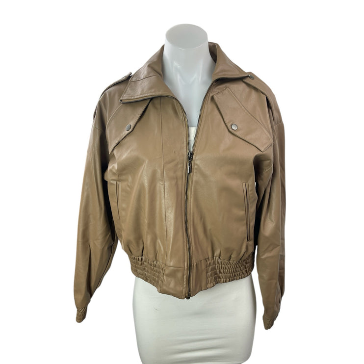 Nonchalant Women's Beige Tan Faux Leather Vegan Full Zip Bomber Jacket Size S
