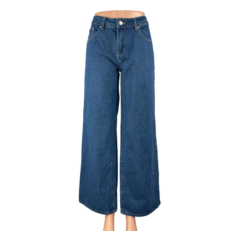 NEW Edikted Blue High Rise Medium Wash Baggy Wide Leg Denim Jeans Pants Size M