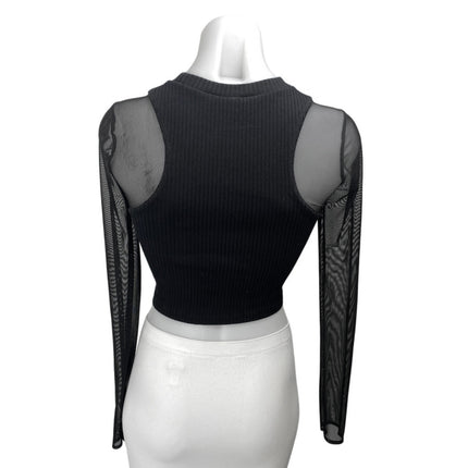 Zara Black Ribbed Knit Mesh Sheer Long Sleeve High Neck Slim Crop Shirt Top Sz S