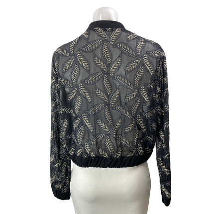 Zara Basic Black Long Sleeves Embroidered Metallic Leaf Bomber Coat Jacket Sz L