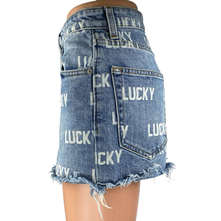 Lucky Brand Women's Blue Logo Print Cut-Off High Rise Denim Jean Shorts Size 26
