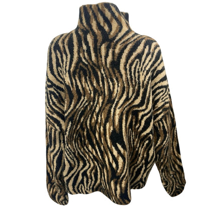 Zara Brown Wool Zebra Animal Print Turtleneck Long Sleeve Knit Sweater Top Sz L