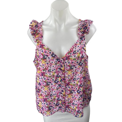 J.Crew Women's Pink Floral Cap Sleeve Chiffon V-Neck Button Crop Blouse Top Sz L