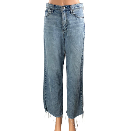 Rag & Bone Womens Blue High Rise Cropped Frayed Wide Leg Denim Jeans Pants Sz 26