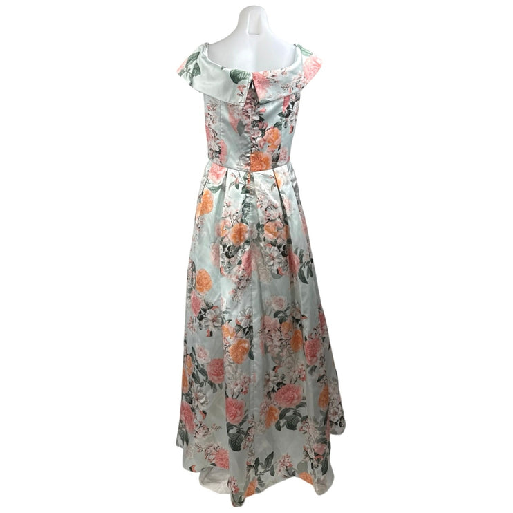 Eliza J Green Floral Silk Satin Off The Shoulder Evening A Line Maxi Dress Sz M