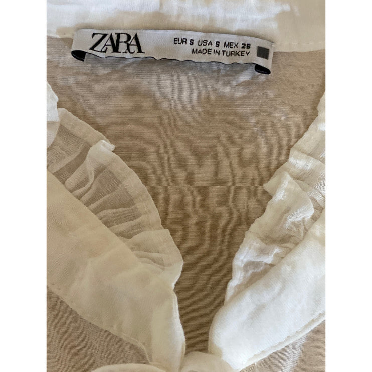 Zara Women's White Long Sleeve Ruffle Mock Neck Tiered Tie Blouse Top Size S