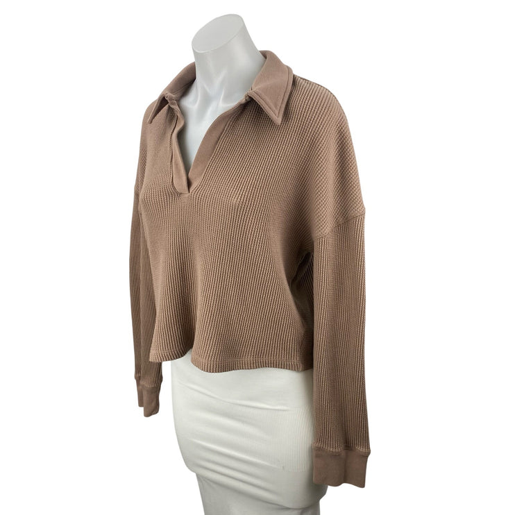 Abercrombie & Fitch Tan Waffle Knit Long Sleeve Polo Thermal Sweater Top Size M