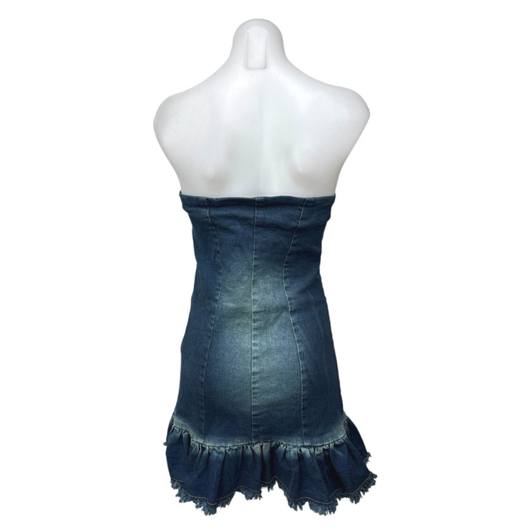 Daisy Street Blue Denim Strapless Sleeveless Ruffle Mini Bodycon Tube Dress Sz M
