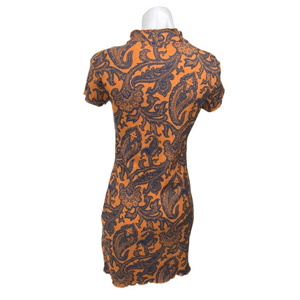 Urban Outfitters Orange Blue Floral Paisley Short Sleeve Mini Bodycon Dress Sz M