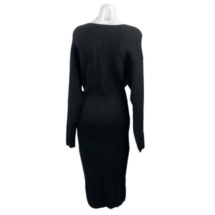 NEW Express Women's Black Ribbed Knit Long Sleeve V Neck Midi Sweater Dress M