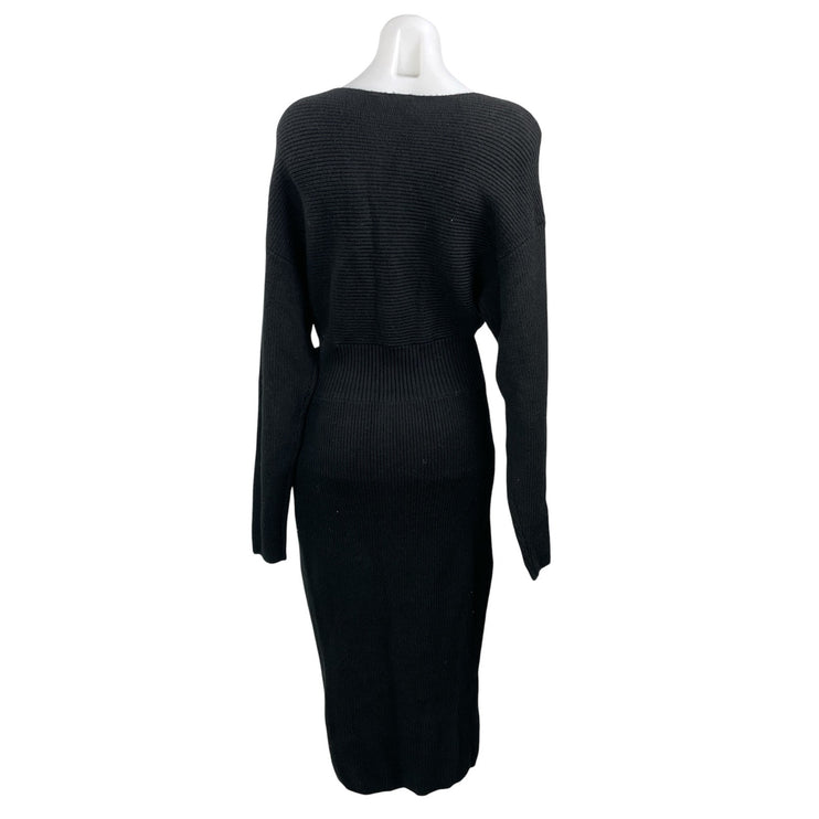 NEW Express Women's Black Ribbed Knit Long Sleeve V Neck Midi Sweater Dress M