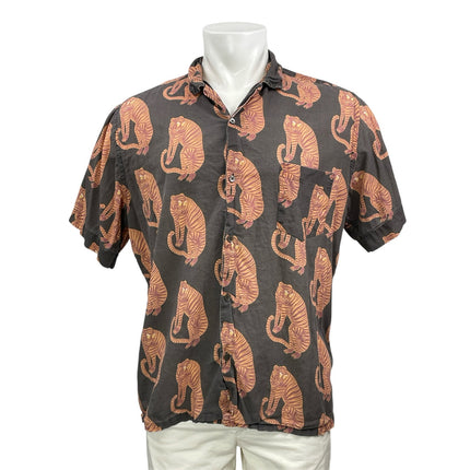 Desmond & Dempsey Mens Multicolor Tiger Graphic Short Sleeve Button Down Shirt L