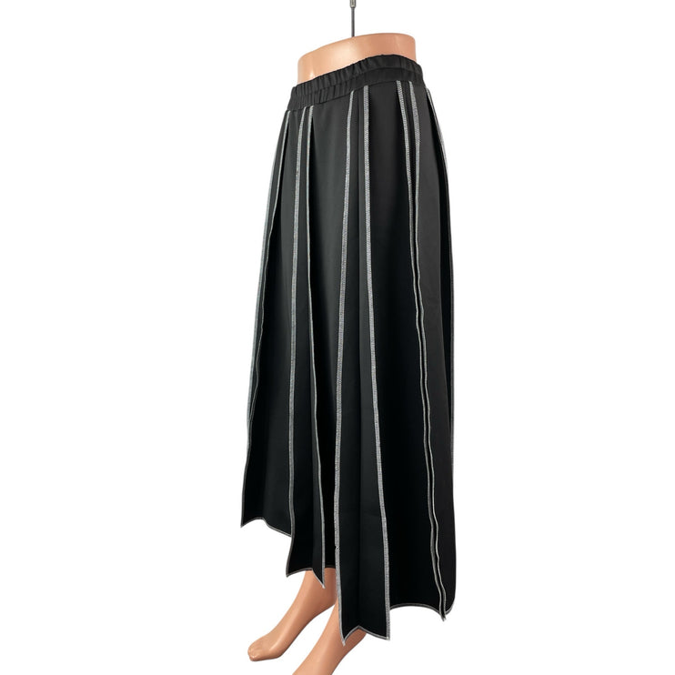 Women's Black Panelled Elastic Waist High Rise Pleated Midi Flare A-Line Skirt M