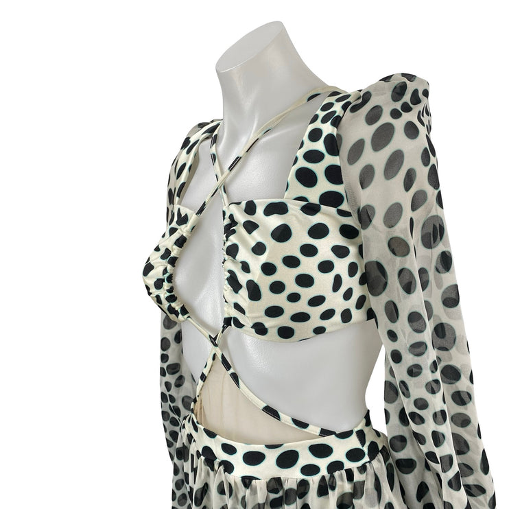PatBO Bossa Dalmatian Polka Dot Cut Out Long Sleeve Maxi Flare A-Line Dress Sz S