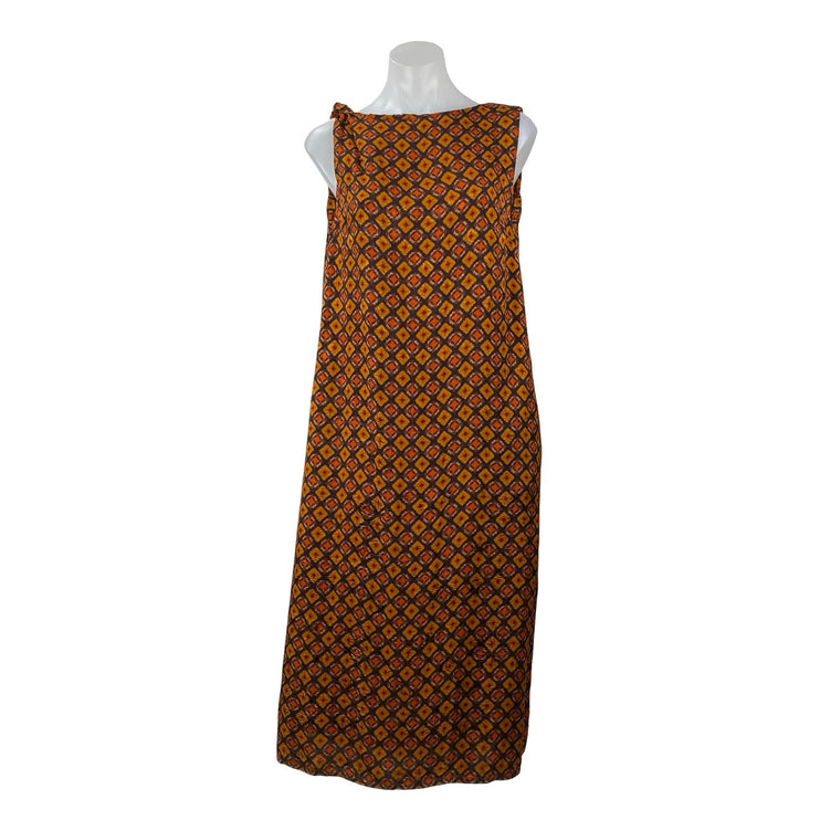Women's Brown 100% Silk Geometric Sleeveless Bateau Neck A Line Midi Dress 12