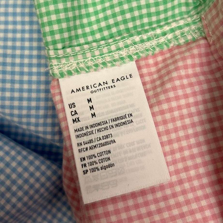 American Eagle Womens Green Blue Pink Gingham Colorblock Button Up Shirt Size M