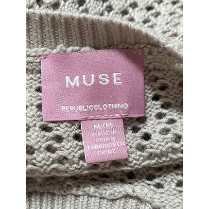 Muse Women's Gray Crochet Knit Crewneck Short Puff Sleeve Crop Sweater Top Sz M