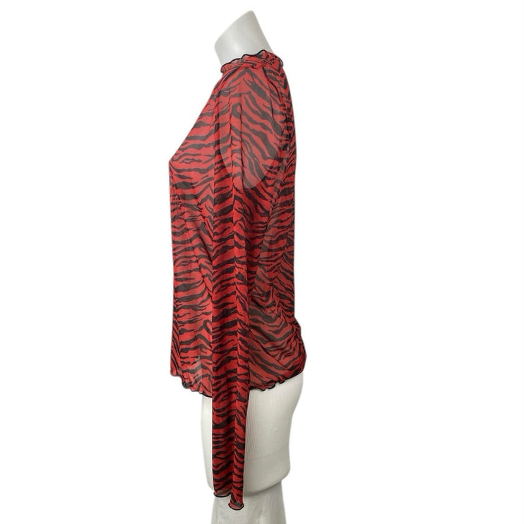 Zara Women's Red Black Zebra Animal Print Sheer Long Sleeve Blouse Top Size L
