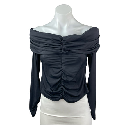 Zara Women's Black Off The Shoulder Ruched Long Sleeve Crop Blouse Top Size L