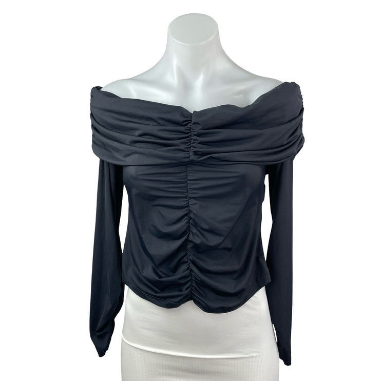 Zara Women's Black Off The Shoulder Ruched Long Sleeve Crop Blouse Top Size L