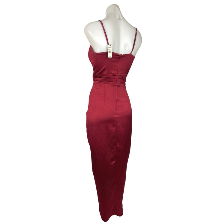 Express NWT Red Satin Notch V Neck Pleated Sleeveless Midi Sheath Dress Size S