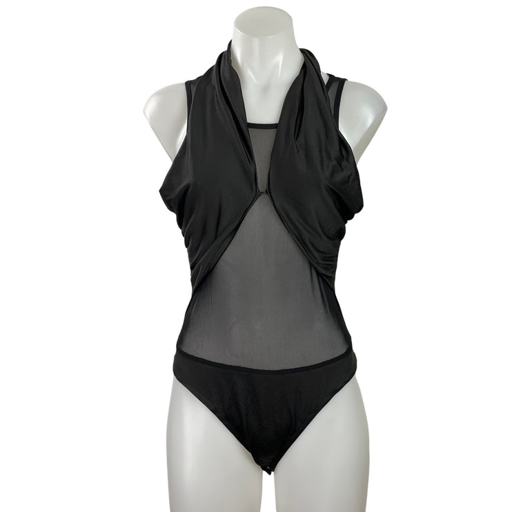 Superdown Women's Black Sleeveless Sheer Mesh Draped Cowl Neck Bodysuit Top Sz S