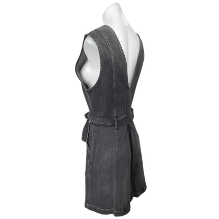 Alice + Olivia Gray Sleeveless Zip Up V-Neck Tie Waist Denim Jeans Mini Dress 10