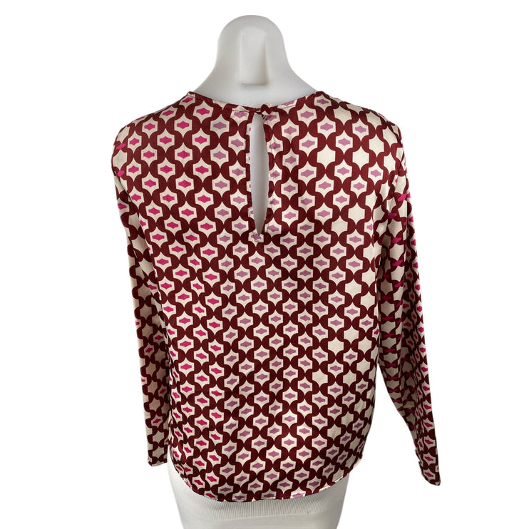 MNG Mango Women's Red Pink Geometric Long Sleeve Crew Neck Blouse Top Size M