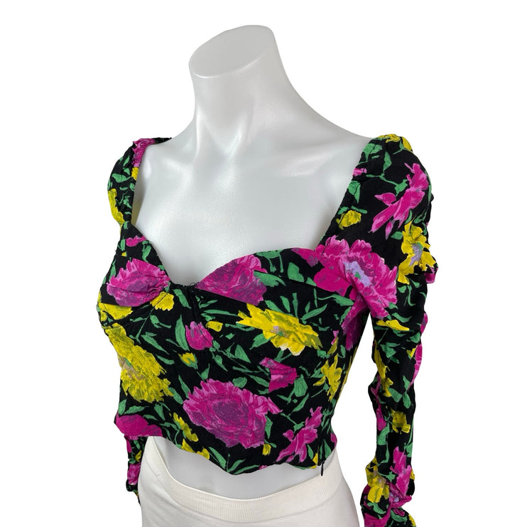 Zara Women's Multicolor Floral Ruched Long Sleeve Bustier Corset Crop Top Size M