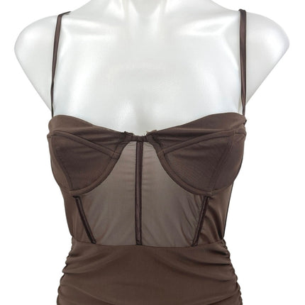 NEW Sundays Brown Ruched Sleeveless Cami Camisole Bodycon Corset Tank Dress Sz M