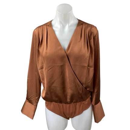 Ann Taylor Brown Silk Satin Long Sleeve V Neck Faux Wrap Blouse Bodysuit Top S