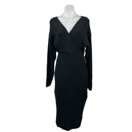 NEW Express Women's Black Ribbed Knit Long Sleeve V Neck Midi Sweater Dress M
