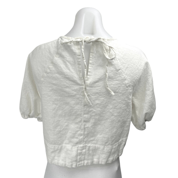 House Of Harlow 1960 Women's White Linen Short Puff Sleeve Crop Blouse Top Sz S