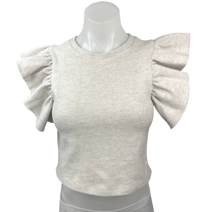 Zara Gray White Ruffle Flutter Sleeve Round Neck Stretch Knit Crop Top Blouse S