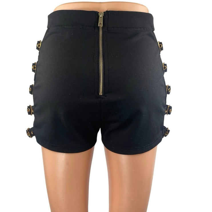 Kaylee Kollection Women's Black Cutout Buckle High Waisted Zip Mini Shorts Sz M