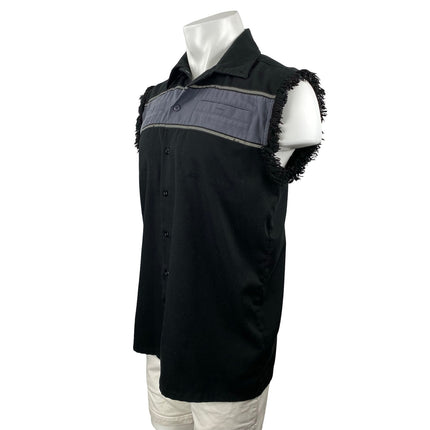 Biker Men's Black Fringe Sleeveless Pocket Colorblock Button Down Shirt Top Sz M