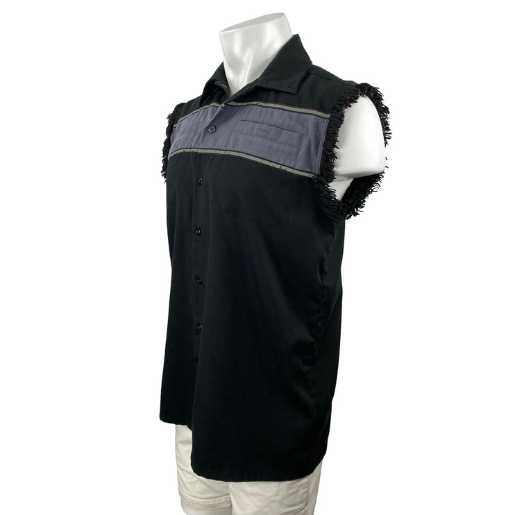 Biker Men's Black Fringe Sleeveless Pocket Colorblock Button Down Shirt Top Sz M