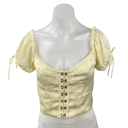 Princess Polly Yellow Short Puff Sleeve Floral Corset Bustier Crop Top Size 8