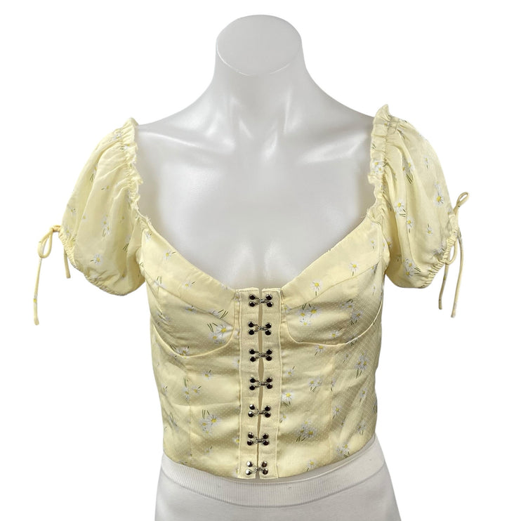 Princess Polly Yellow Short Puff Sleeve Floral Corset Bustier Crop Top Size 8