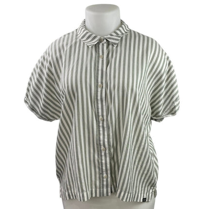 L.L. Bean Women's Green Striped Short Sleeve Blouse Button Down Shirt Size XL