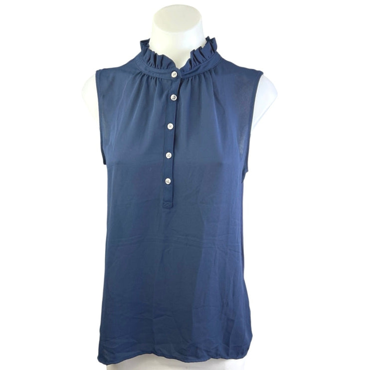 LOFT Women's Blue Sleeveless Ruffle High Neck Button Shirt Blouse Top Size S