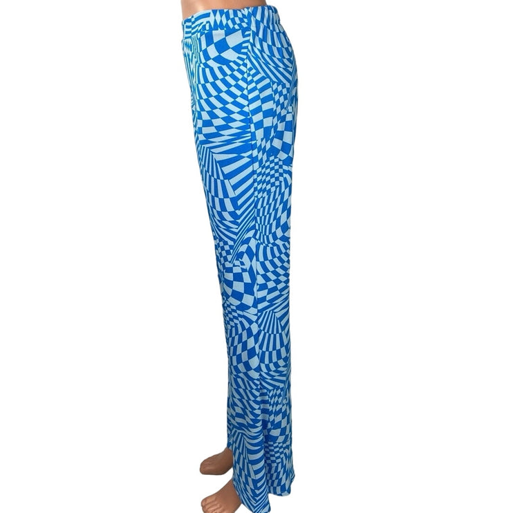 Wild Fable Blue Disco Checkered Flare Stretch High Rise Pull On Trouser Pant S