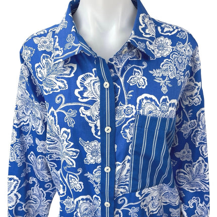 Foxcroft Marina Blue White Floral Long Sleeve Button Down Pocket Shirt Top Sz 2X