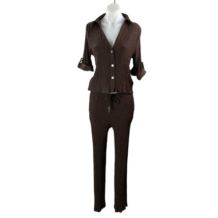 Zara Brown 3/4 Sleeves Button Down Shirt & Lounge Trouser Pants 2 Pieces Sets M