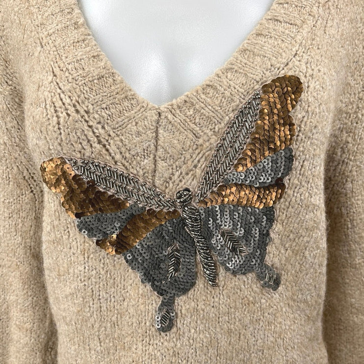 Zara Women's Tan Beige Alpaca Wool Knit Butterfly Sequin Beaded Sweater Top Sz M