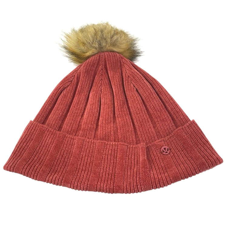 Lululemon Perfection Red Rib Knit Cuffed Faux Fur Pom Pom Beanie Cap Hat Size OS