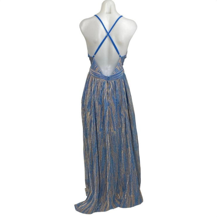 Fashion Nova Goddess Vibes Blue Metallic Mesh Sleeveless Maxi A-Line Dress Sz M