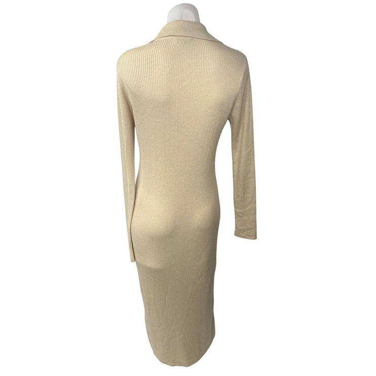 Topshop Beige Long Sleeve V Neck Collared Polo Knit Sweater Midi Dress Size 8-10