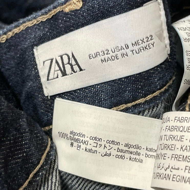 Zara Women's Blue Dark Wash Cuffed High Rise Wide Leg Baggy Denim Jeans Size 0